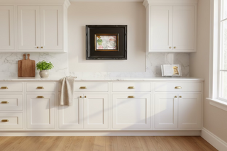 Framed still life painting with a coffee cup and flowers on a textured wall. brown museum plein air frame