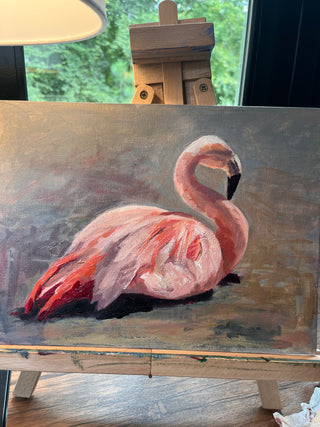 Pink Flamingo, oil on canvas board