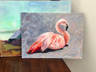 Pink Flamingo, oil on canvas board