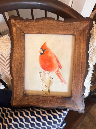 Cardinal Watercolor in Raw Edge Wood Frame