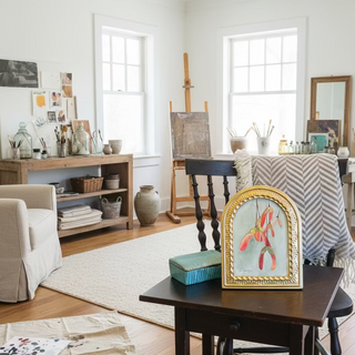 Radiant maple seeds watercolor painting framed in gold in a studio